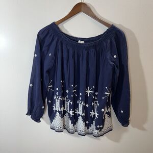 Joie Anthropologie Womens Peasant Blouse Size M Navy Blue White Embroidery Boho